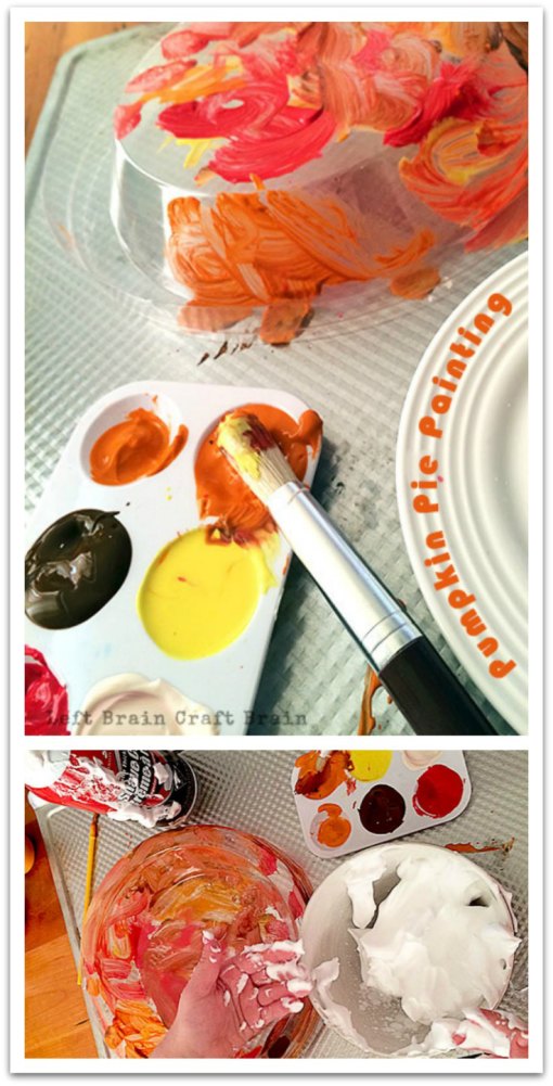 It's pumpkin pie themed painting and messy play rolled into one. While you bake, kids can paint their own pumpkin pie, whipped cream and all. Great for Thanksgiving and Christmas.