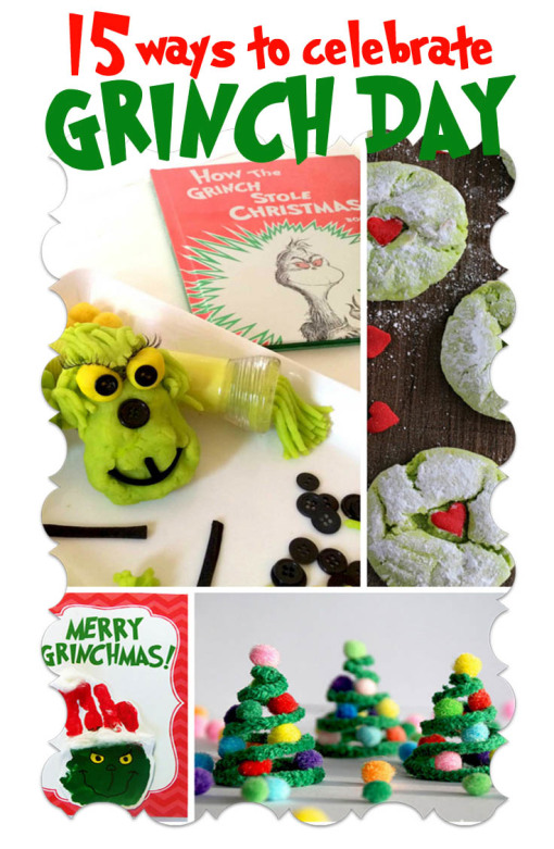 15 Ways to Celebrate Grinch Day! A celebration of the Dr. Seuss book How the Grinch Stole Christmas. There's Grinch inspired food, crafts, and play (sensory play, pretend play and games). Great for teachers, fun for a family book / movie night with the kids.