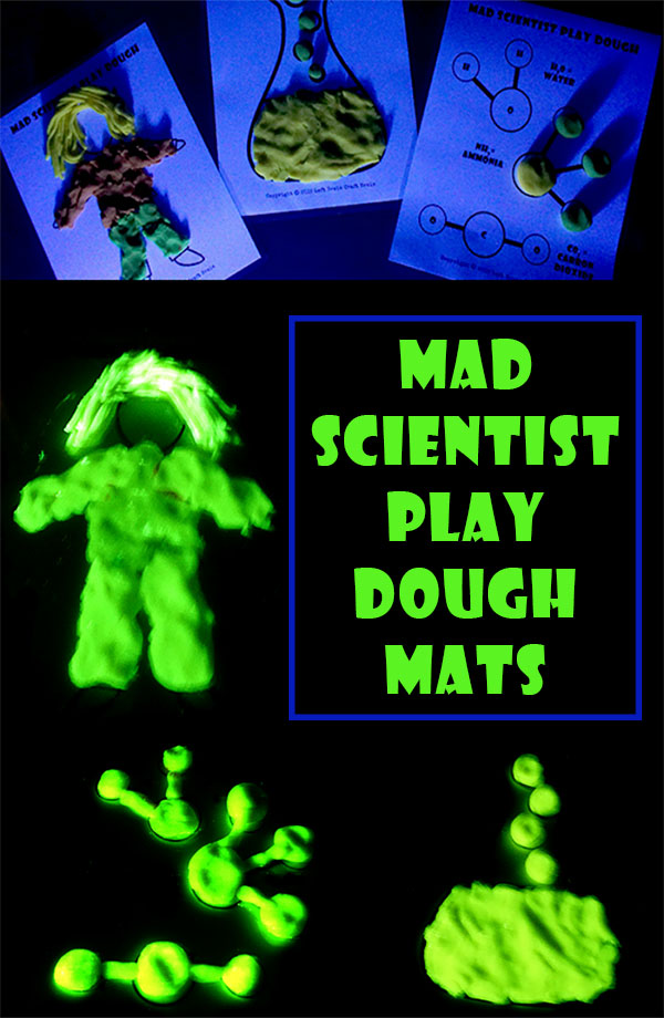 Have some silly science fun with these Mad Scientist Play Dough Mat printables made extra fun with glow in the dark play dough.