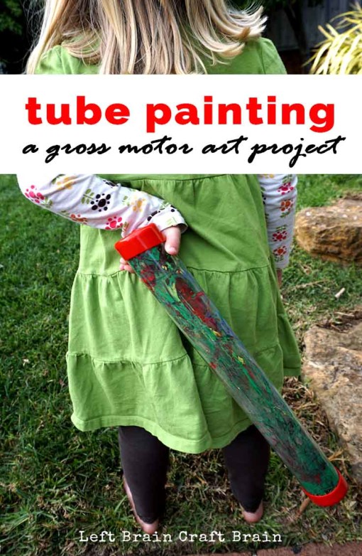 Explore color mixing  with this fun tube painting project using clear mailing tubes.  It makes a great gross motor activity too!