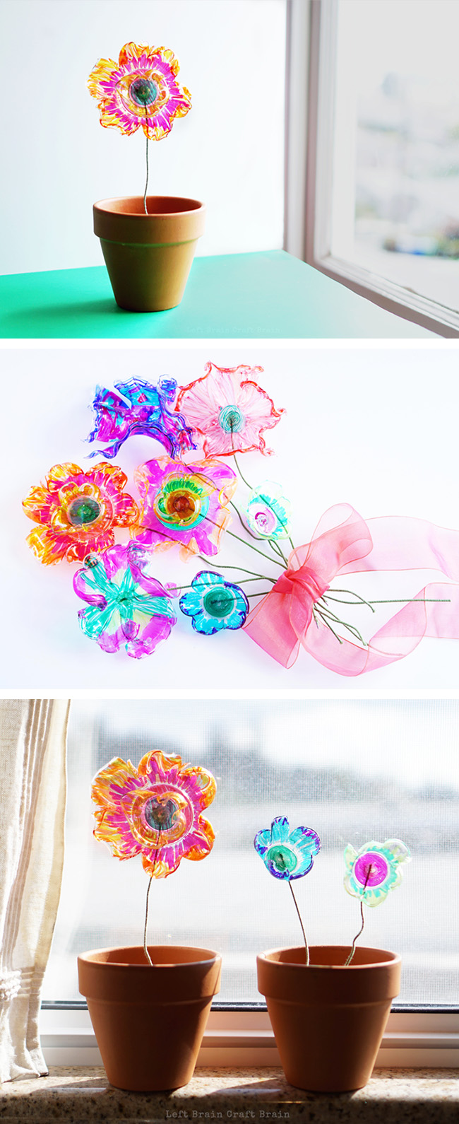 The magic of science makes these recycled plastic flowers beautiful. It's a great STEM / STEAM project for kids.