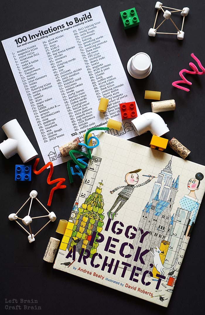 Inspire the kids to create with 100 Invitations to Build, a free printable filled with fun & unusual building materials inspired by Iggy Peck, Architect.