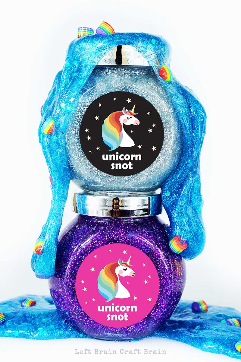 Glittery, sparkly, unicorn snot slime, complete with rainbow boogers. Why? Because unicorns. Plus a free printable label and tag!