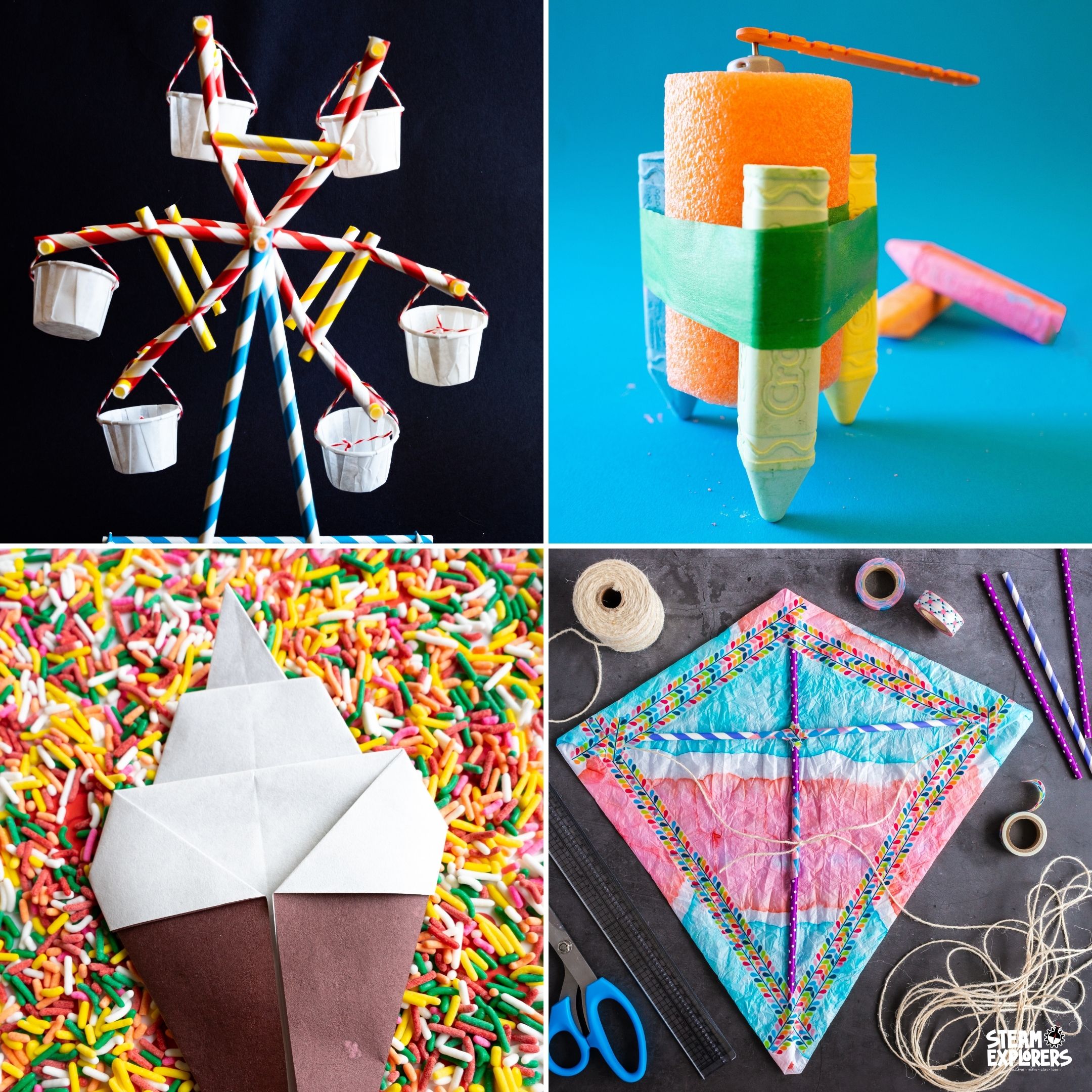 straw ferris wheel, chalk bot, ice cream cone origami, tie dyed paper kite collage