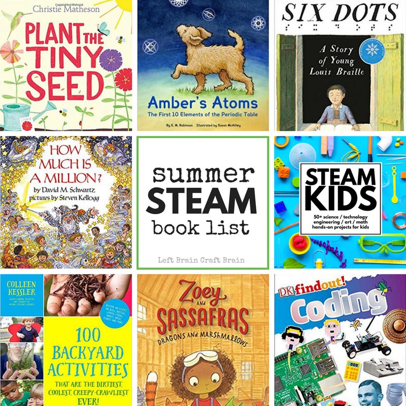 Check out this summer STEAM book list for cool activity, fiction and non-fiction books packed with science, tech, engineering, art, & math fun for kids.
