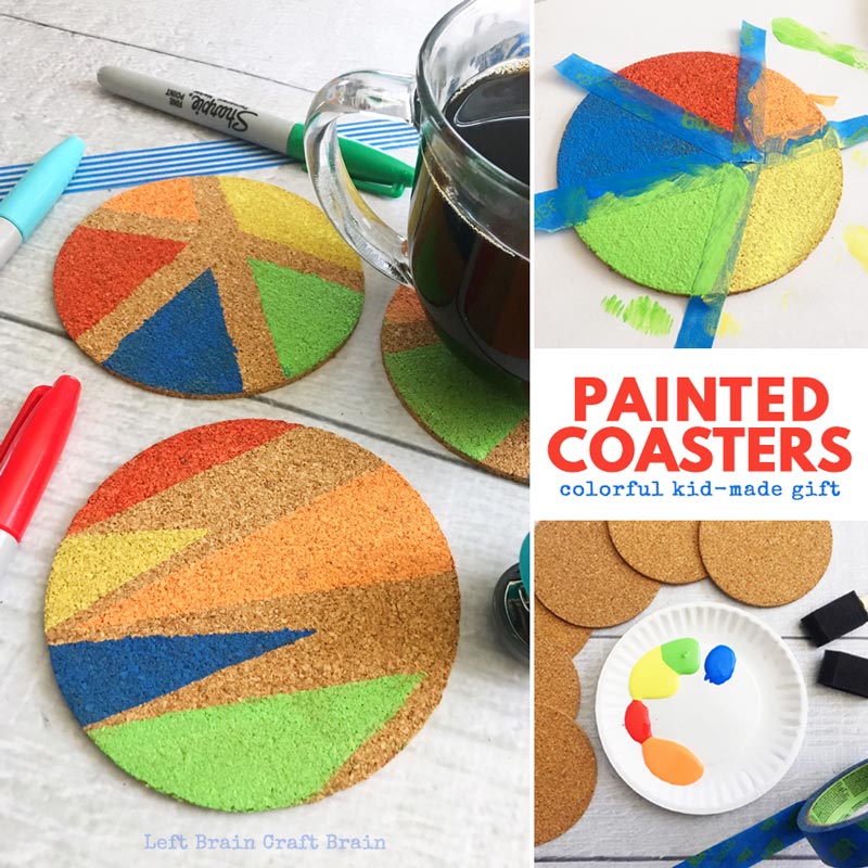 multicolor painted coasters with cork and coffee