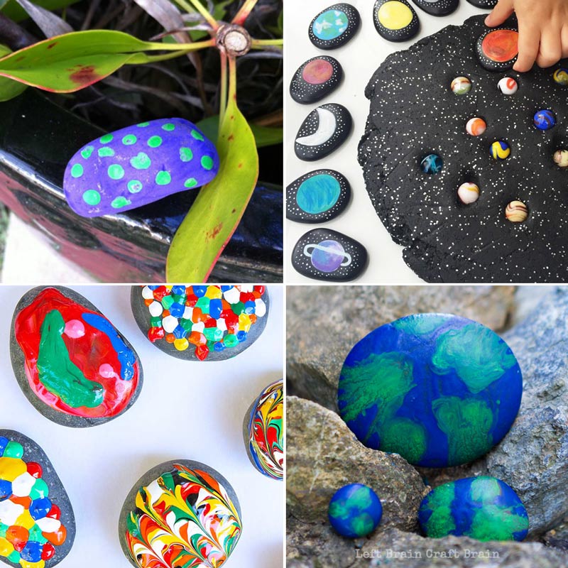 Rock crafts like earth rocks, puffy painted rocks, garden rocks, and space story stones