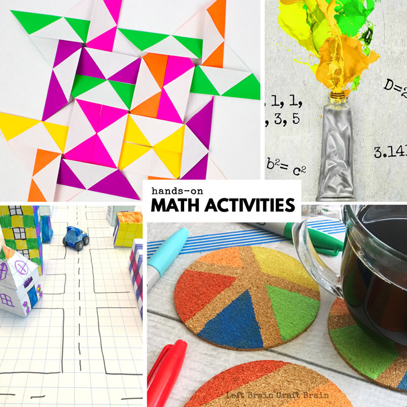 hands-on math activities like paper quilts, learning math by painting, perimeter math, and math painted coasters