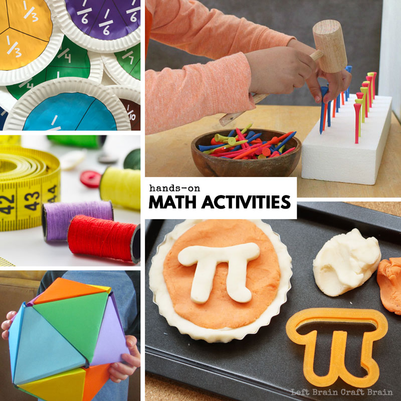hands-on math activities like Pi Day pie playdough, golf tee math, fraction paper plate flowers, sewing math, and paper dodecahedrons