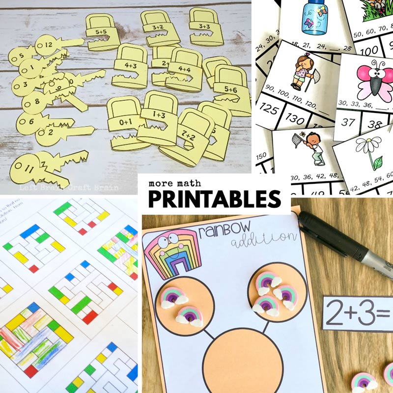 math printables like rainbow math, clothespin clip on addition, lock and key printables, and color mazes. Fun math activities for kids.