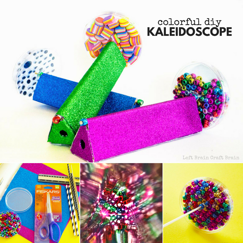 Make this spinning and colorful DIY Kaleidoscope filled with beads or other trinkets. It's a fun makerspace or STEAM project made with cardboard, mirrored paper, scrapbook paper, and petri dishes. Includes a printable template to make the build fun and successful.