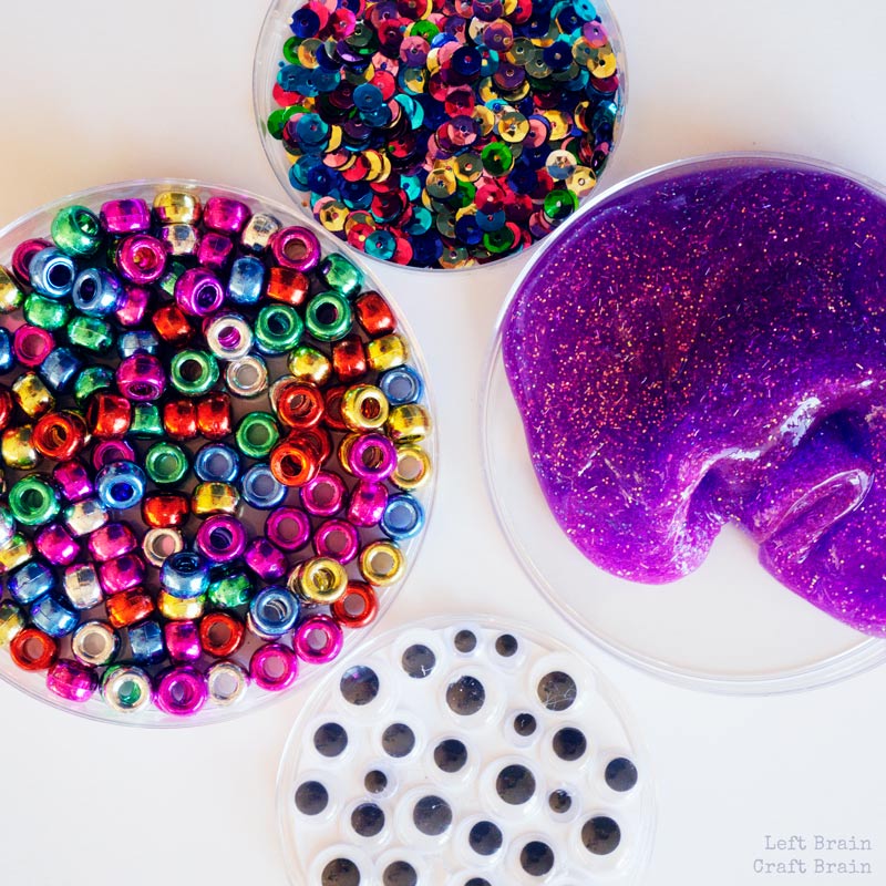 beads, slime, googly eyes, sequins