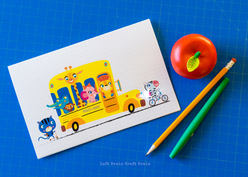 the completed light-up paper circuits school bus card