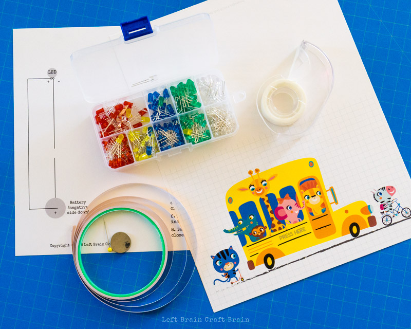 supplies to make a light-up paper circuits school bus car