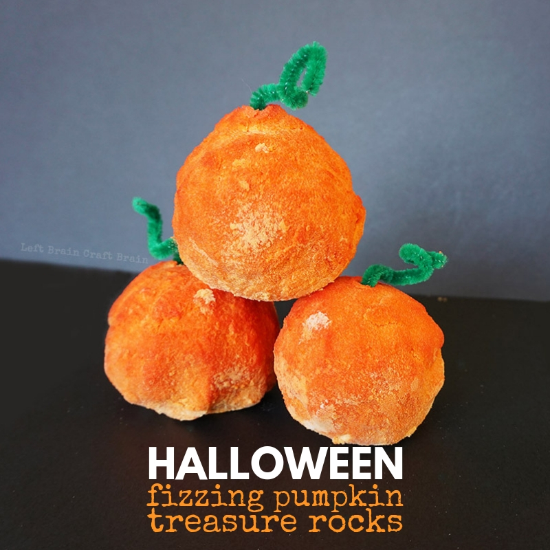 These fizzing pumpkin treasure rocks are great Halloween STEM / STEAM fun for kids. They're perfect party favors for your Halloween bash, too.