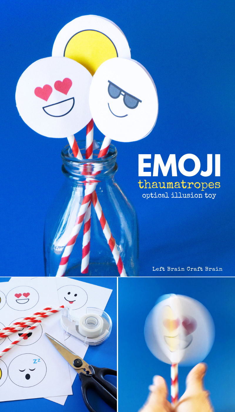 Fool your eyes with these Emoji Thaumatrope Optical Illusion Toys. Make the emoji version or draw your own in this fun STEM / STEAM (science, technology, engineering, art, and math) activity for kids.