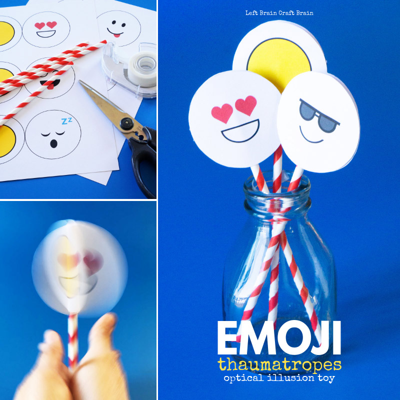 Fool your eyes with these Emoji Thaumatrope Optical Illusion Toys. Make the emoji version or draw your own in this fun STEM / STEAM (science, technology, engineering, art, and math) activity for kids.