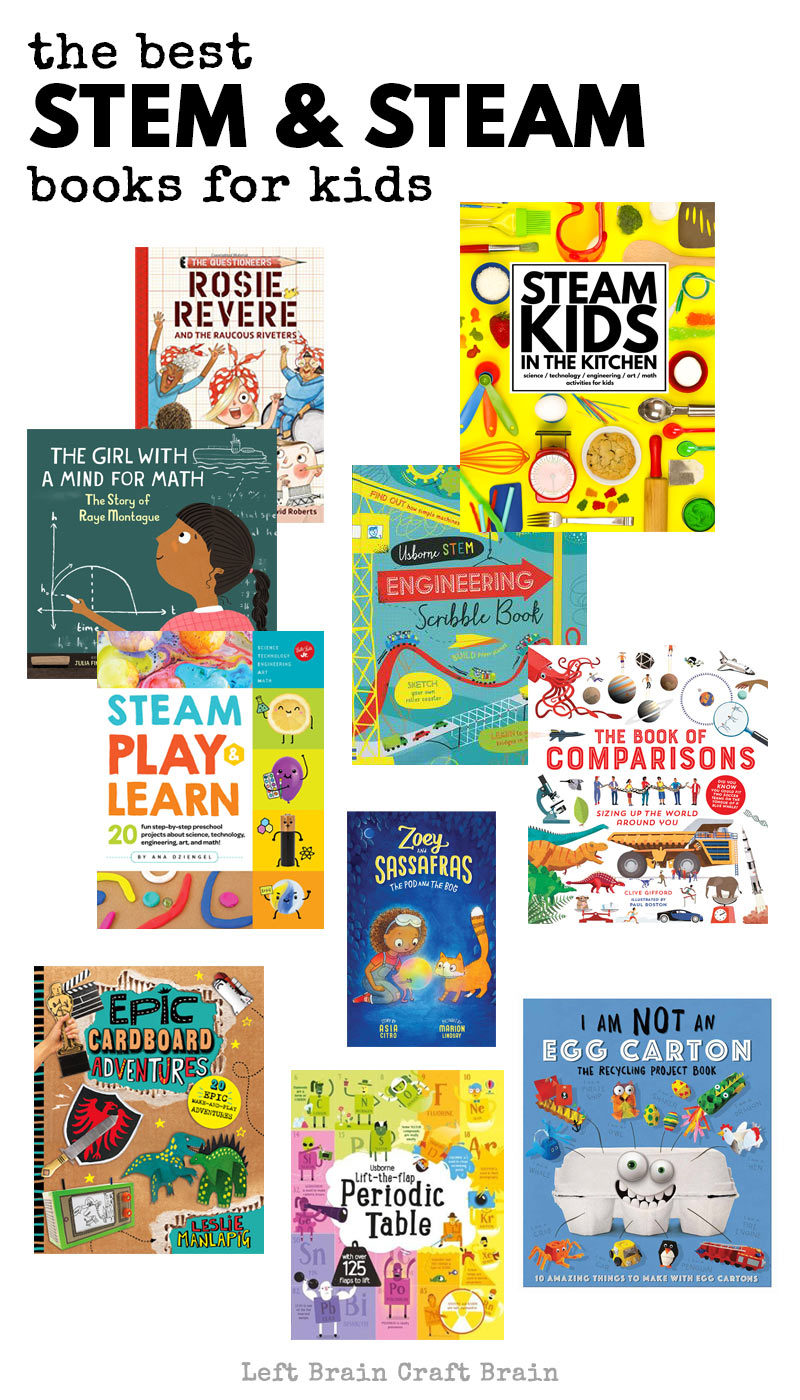 Here's a list of the best STEM books and STEAM books for kids. Hands-on activity books, fiction, non-fiction, crafts, and more loaded with science, technology, engineering, art, and math. AND FUN! They make perfect gifts for the holidays and birthdays.