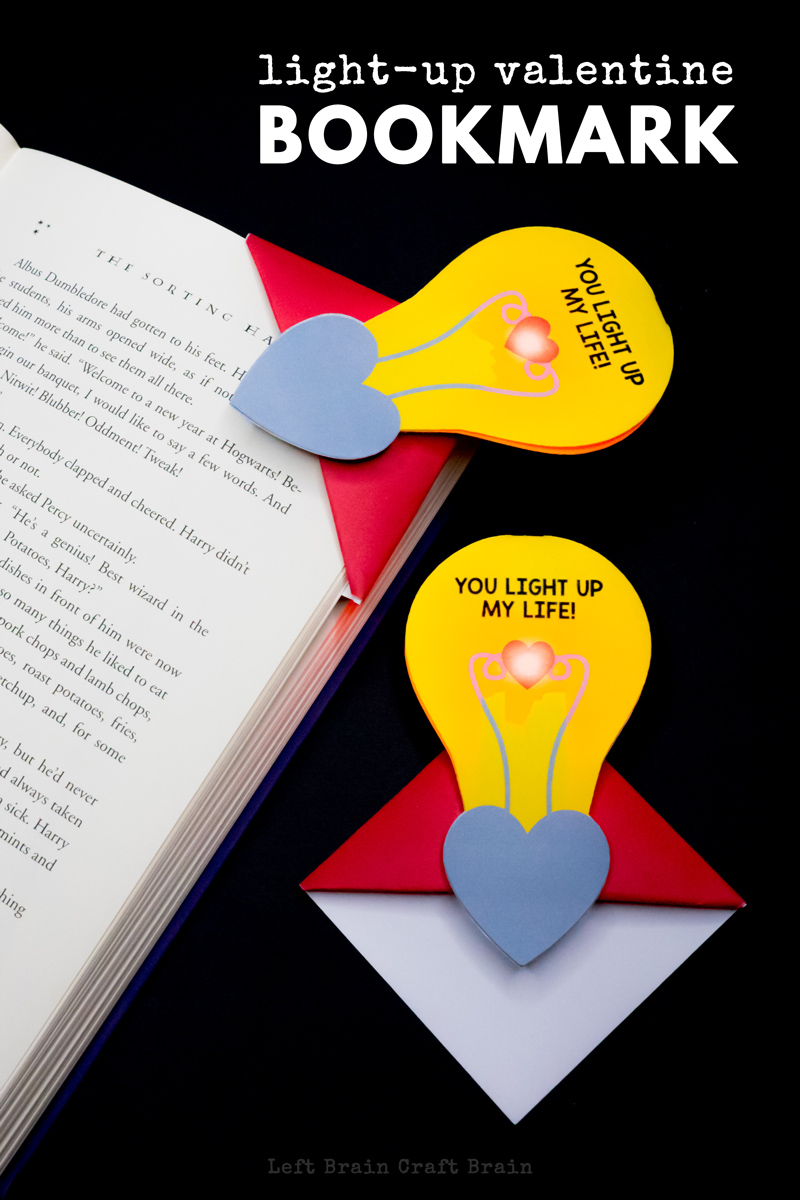 Make this light-up Valentine corner bookmark to show your love for books, STEM, or your Valentine this February 14th! #STEM #leftbraincraftbrain #papercrafts #origami #circuits #STEAM