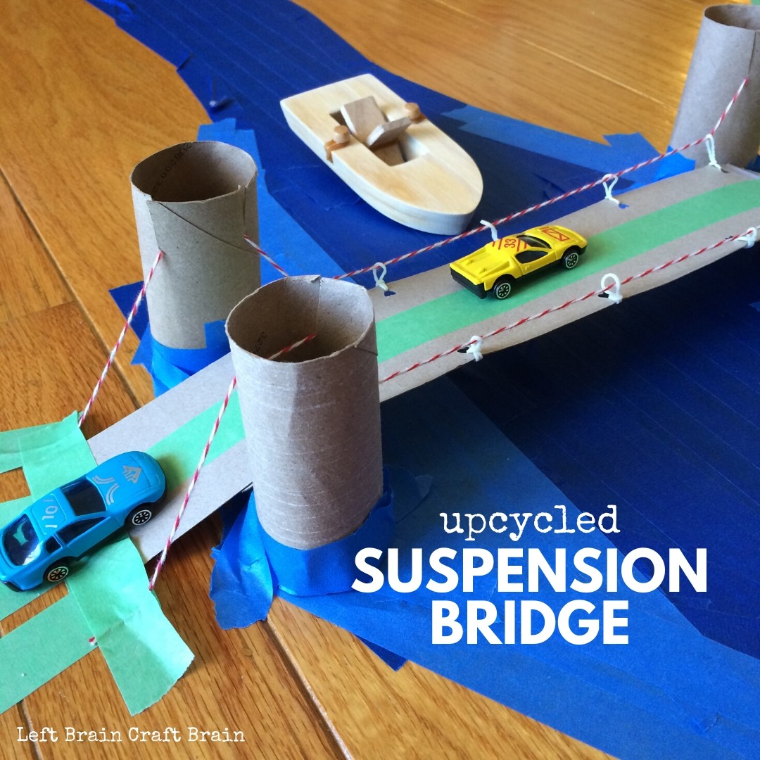 toilet paper roll and cardboard upcycled suspension bridge