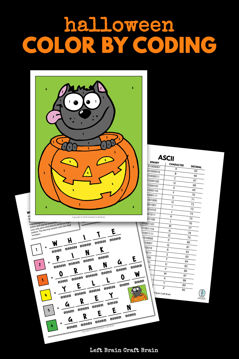 Kids will love the challenge of this Color by Coding Halloween Coloring Page that uses ASCII binary and decimal codes to decipher the colors in the page. It's a fun and easy STEM / STEAM activity for home and school Halloween parties.