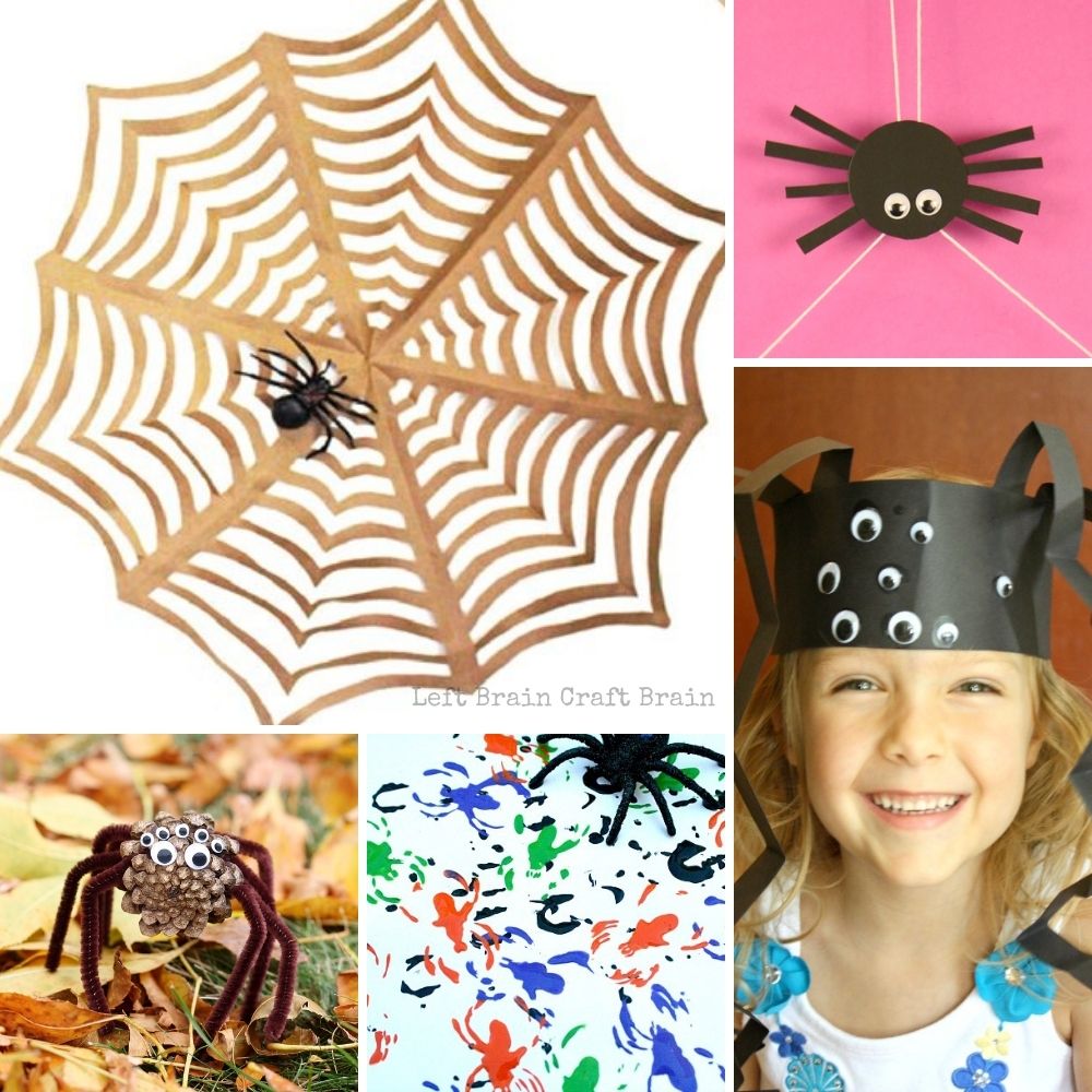spider arts and crafts projects collage with paper spider web, spider toy, pine cone spider, spider painting, and spider head dress