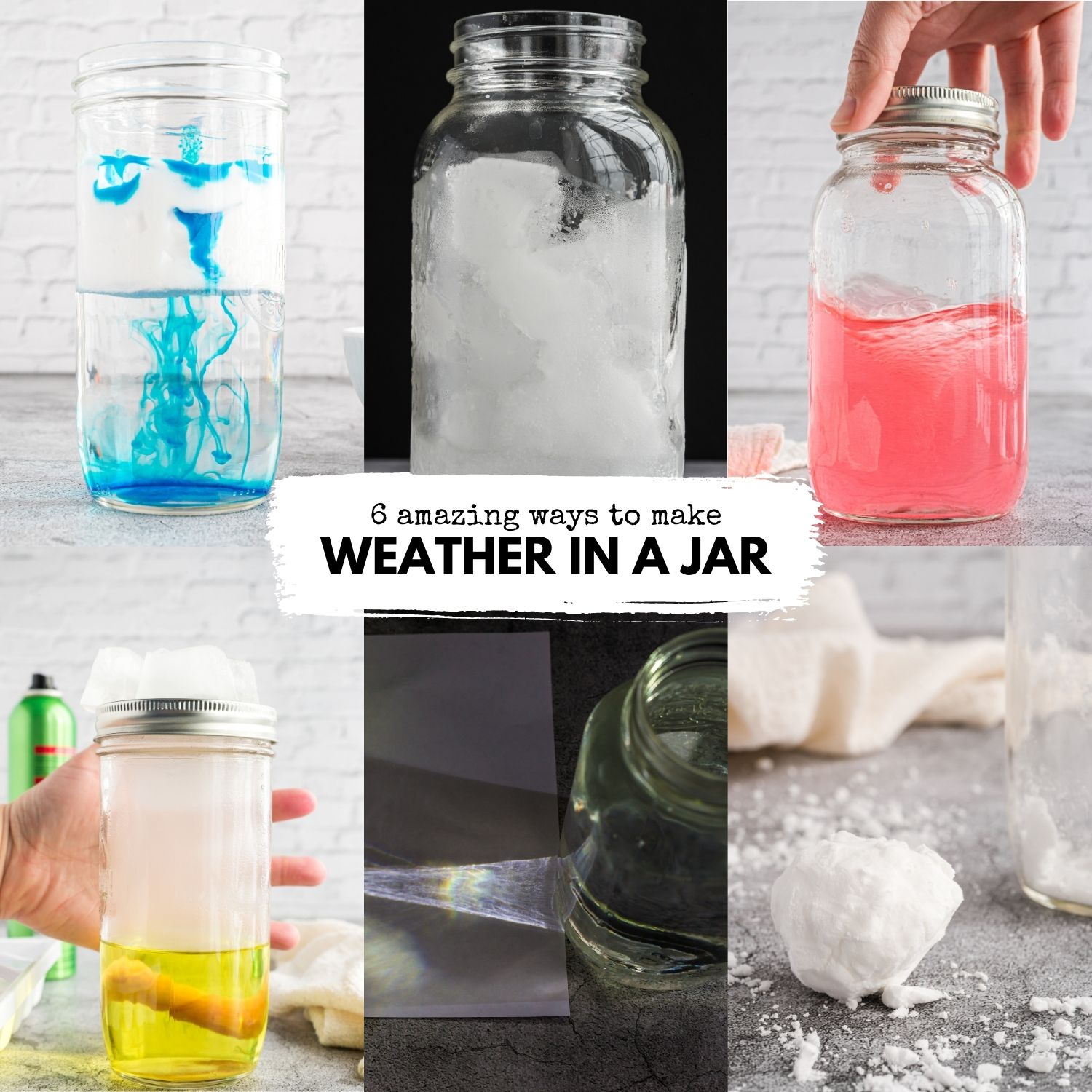 Kids will love these 6 amazing weather in a jar science experiments. Try rain in a jar, fake snow, make rainbows, clouds, tornadoes, and more!