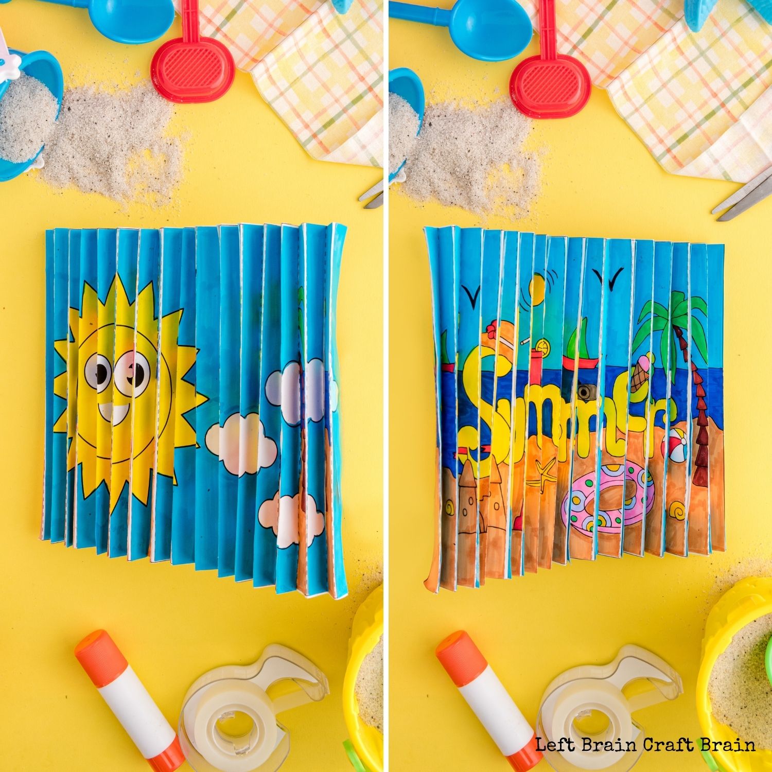 Side by side of both summer agamograph images on yellow with beach toys and sand. Have some fun coloring this summer with an agamograph, a unique paper craft. It flips the picture when you shift the angle for twice the fun.
