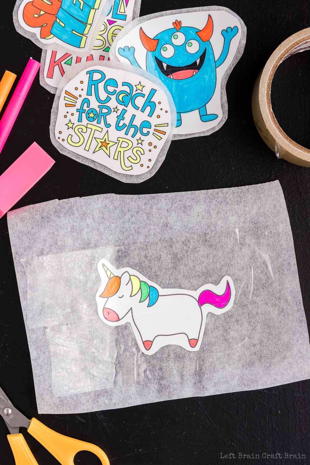 Unicorn on parchment covered with tape