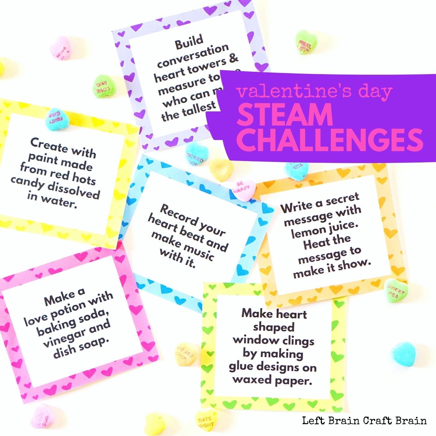 Have some fun with sweet science, technology, engineering, art and math activities this February with these Valentine's Day STEAM Challenge Cards.